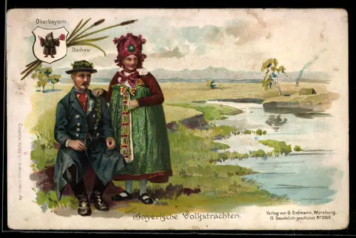 Lithographie Dachau, Liebespaar in bayerischer Tracht, Wappen