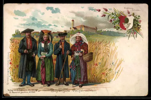 Lithographie Kirchheim i. Schwaben, Schwaben u. Neuburg, Bayerische Volkstrachten