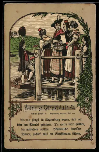 Künstler-AK bayerische Tracht, junge Frauen in Tracht mit Lied: Als wir jüngst in Regensburg ware...
