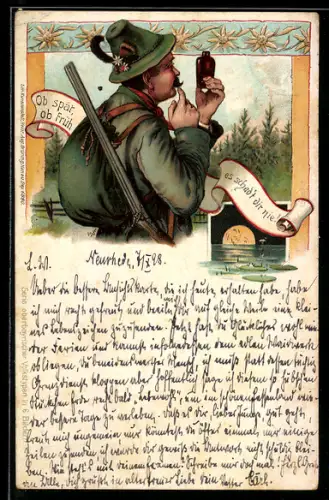 Lithographie bayerische Tracht, Jäger in Tracht mit Flinte schaut auf eine Flasche