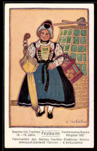 Künstler-AK bayerische Tracht, Festkarte Trachtenschau Bayern 1921