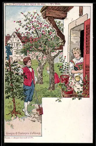 Künstler-AK sign. Kaufmann: Plantation du sapin de mai, Menschen in elsass-lothringischen Trachten
