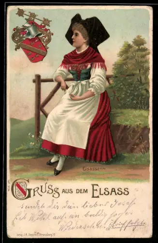 Lithographie Elsasserin in Tracht und Wappen