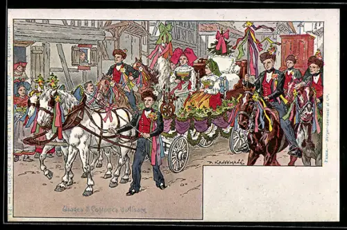 Künstler-AK elsass-lothringische Tracht, Hochzeitsfestzug mit Braut und Festwagen