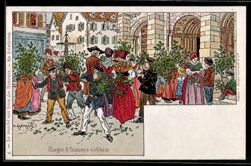 Künstler-AK sign. D. Kauffmann: Usages & Costumes d`Alsace, Le marché aux houx des Rameaux