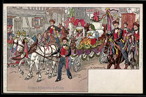 Künstler-AK sign. Kaufmann: Usages & Costumes d`Alsace, Cortège de la fiancée la veille du mariage