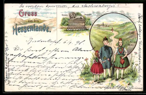 Lithographie Hessen-Denkmal und Kinder in hessischer Tracht