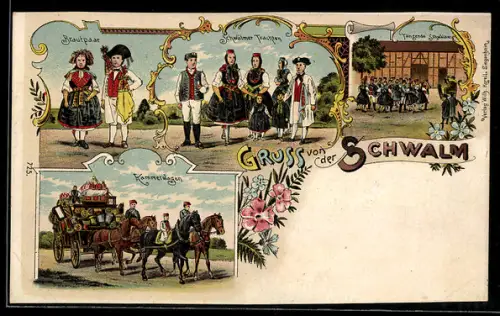 Lithographie Schwalm, Brautpaar in hessischer Tracht