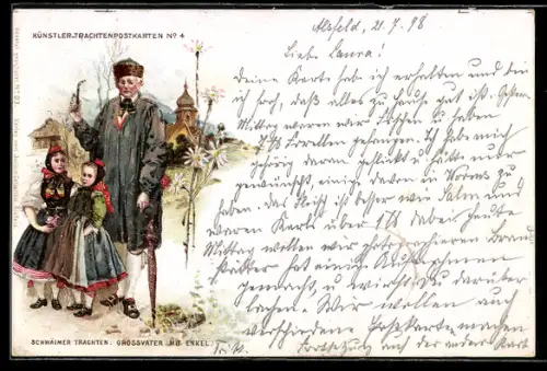 Lithographie Grossvater mit Enkeln in hessischer Tracht