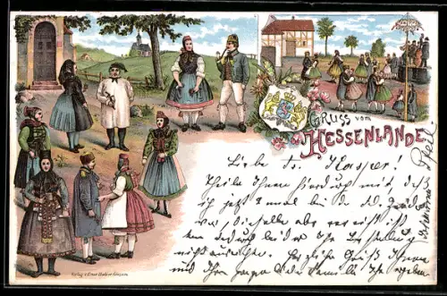 Lithographie Tanzende Paare in Hessischer Tracht