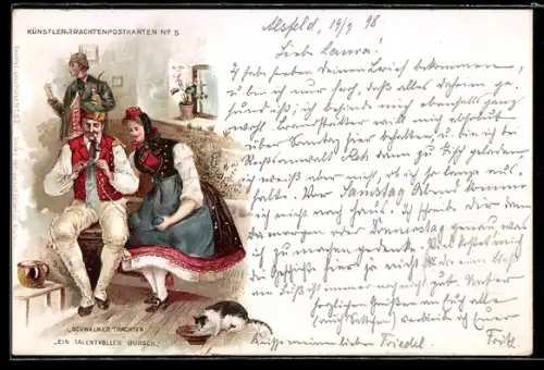 AK Paar in hessischer Tracht und niedliche Katze