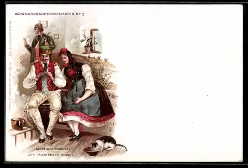 Lithographie Paar in hessischer Tracht und niedliche Katze