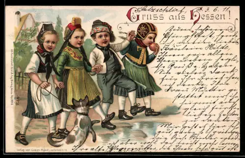 Lithographie Vier Kinder mit Hund in hessischer Tracht