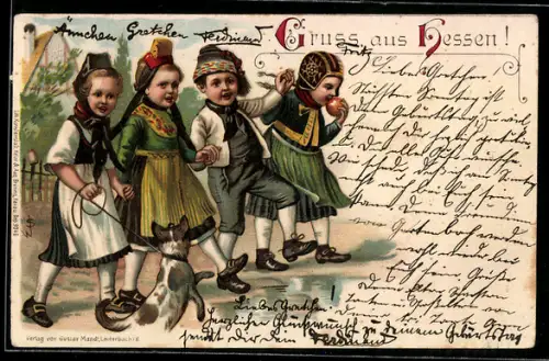 Lithographie Hessische Kinder in Trachten mit einem Hund