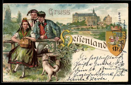 Lithographie Drei Menschen in hessischer Tracht mit Wappen