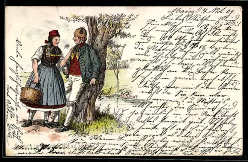 AK Paar in hessischer Tracht an einem Baum
