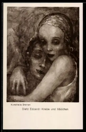 Künstler-AK sign. Dietz Edzard: Knabe und Mädchen, zwei Kinder in enger Umarmung, Expressionist, Bauhaus