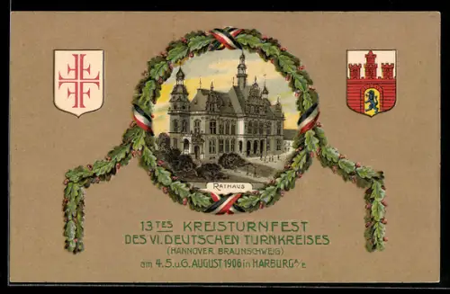 Künstler-AK Hamburg-Harburg, 13. Kreisturnfset des VI. Deutschen Turnkreises Hannover Braunschweig 1906, Rathaus