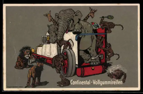 AK Elefant mit Nilpferd und Giraffen im Lastkraftwagen, Reklame für Continental-Vollgummireifen