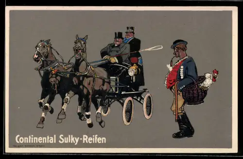 Reklame-AK Continental Sulky-Reifen, Kutscher und Gast in Pferdekutsche