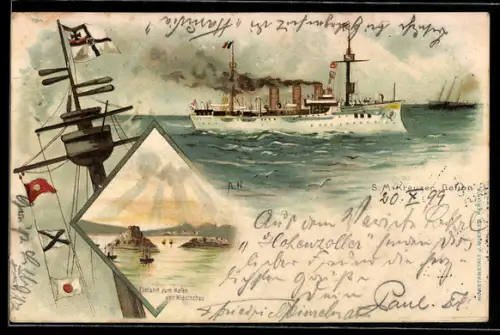 Künstler-Lithographie A. Heide: Kiaotschau, Einfahrt zum Hafen, S.M. Kreuzer Gefion