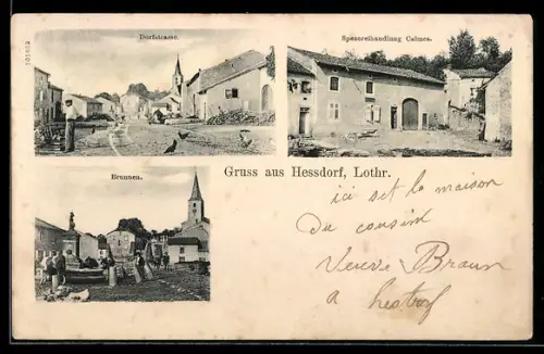 AK Hessdorf /Lothr., Spezereihandlung Calmes, Dorfstrasse, Brunnen und Kirche