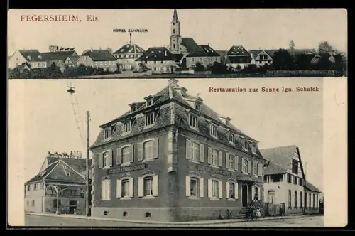 AK Fegersheim /Els., Restaurant zur Sonne, Ign. Schalck, Ortsansicht mit Hotel Schalck