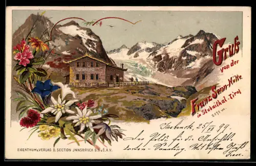 Lithographie Franz Senn-Hütte in Stubaital, Blick auf die Sennhütte mit Bergpanorama im Hintergrund, Edelweiss