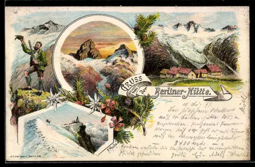 Lithographie Berliner-Hütte, Berghütte mit Umgebung, Bergsteiger