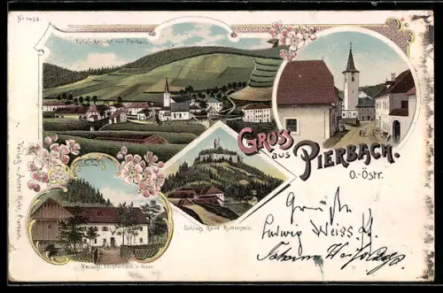 Lithographie Pierbach /O.-Östr., Schloss-Ruine Ruttenstein, Herzogliches Försterhaus in Klaus, Totalansicht des Ortes