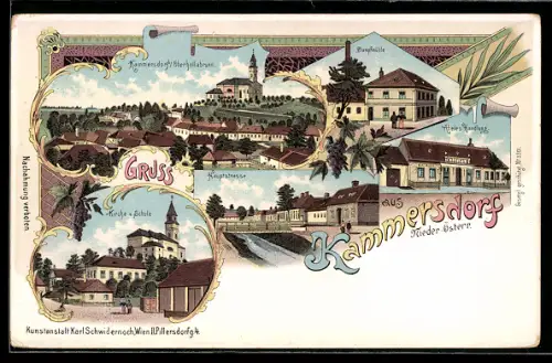 Lithographie Kammersdorf, Gesamtansicht, Dampfmühle, Abeles Handlung, Kirche und Schule