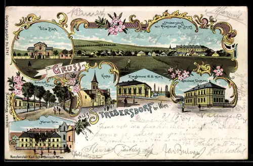 Lithographie Strebersdorf bei Wien, Pensionat St. Josef, Gemeinde-Gasthaus, Ziergärtnerei, Kirche, Marien-Heim