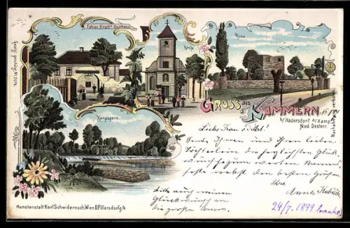 Lithographie Hadersdorf-Kammern, Kammern, Fabian Hirsch`s Gasthaus, Kampsperre, Kirche und Ruine
