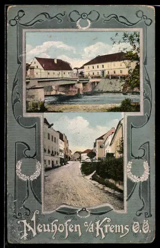 AK Neuhofen a. d. Krems, Brücke und Ortsstrasse mit Häusern