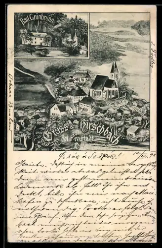 Künstler-AK Hirschbach bei Freistadt, Panorama mit Kirche und Bad Grünbrunn