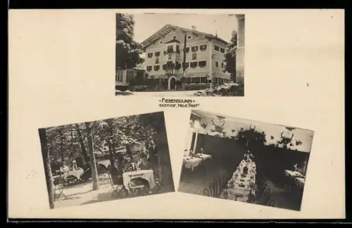 AK Fieberbrunn /Tirol, Gasthof Neue Post, Gastgarten und Festsaal