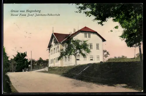 AK Hagenberg im Mühlkreis, Kaiser Franz Josef Jubiläums-Volksschule, Aussenansicht