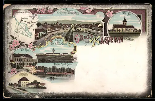 Lithographie Kagran bei Wien, Panorama mit Kirche, Ruder-Sport-Heim und Gestüt