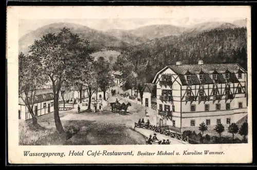 AK Hinterbrühl, Wassergspreng, Hotel Café-Restaurant, Bes. Michael & Karoline Wummer, Ansicht aus der Vogelschau