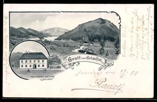 Lithographie Erlaufsee, Gasthaus Seewirth, Bes. Jos. Steiner, See- und Bergpanorama