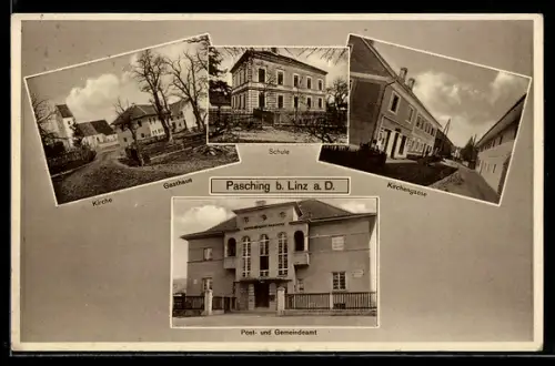 AK Pasching, Gasthaus und Kirche, Post- und Gemeindeamt, Kirchengasse