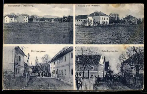 AK Pasching, Partie in der Welserstrasse, Schule, Kirchengasse und Bahnhofstrasse