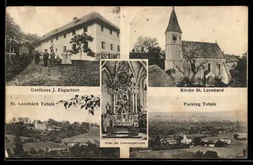 AK Pucking, Gasthaus J. Ehgartner, Totalansicht von St. Leonhard, Altar der Leonhardskirche