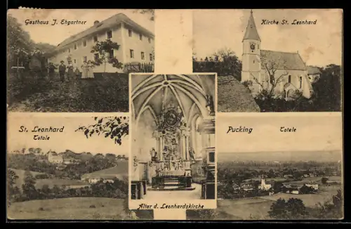 AK Pucking, Kirche St. Leonhard, Totalansicht, Gasthaus J. Ehgartner
