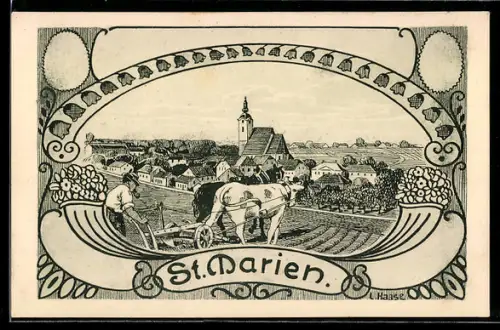 Künstler-AK sign. L. Haase: St. Marien, Totalansicht mit Kirche, Bauer mit Pflug