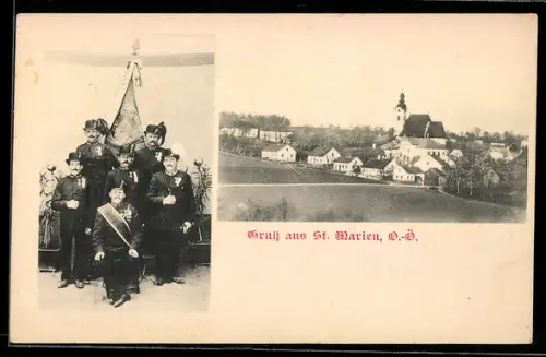 AK St. Marien /O.Ö., Teilansicht mit Kirche und Männer in Vereinstracht