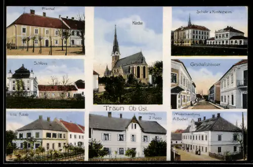AK Traun /Ob.Öst., Kirche, Schloss, Möbelgeschäft A. Bucher und Villa Raab