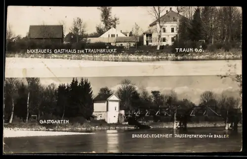 AK Traun /O.Ö., Dickbauers Gasthaus zur Traunbrücke, Gastgarten, Jausenstation für Badler
