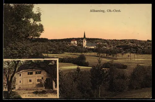 AK Allhaming /Ob.-Oest., Totalansicht mit Kirche und J. Platzners Geschäft