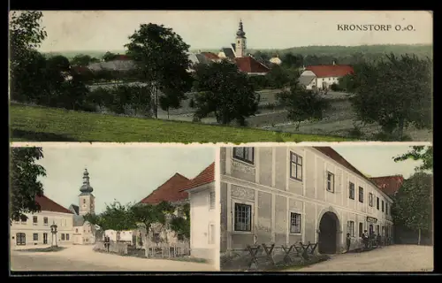 AK Kronstorf /O.-Ö., Gasthaus, Kirche und Totalansicht